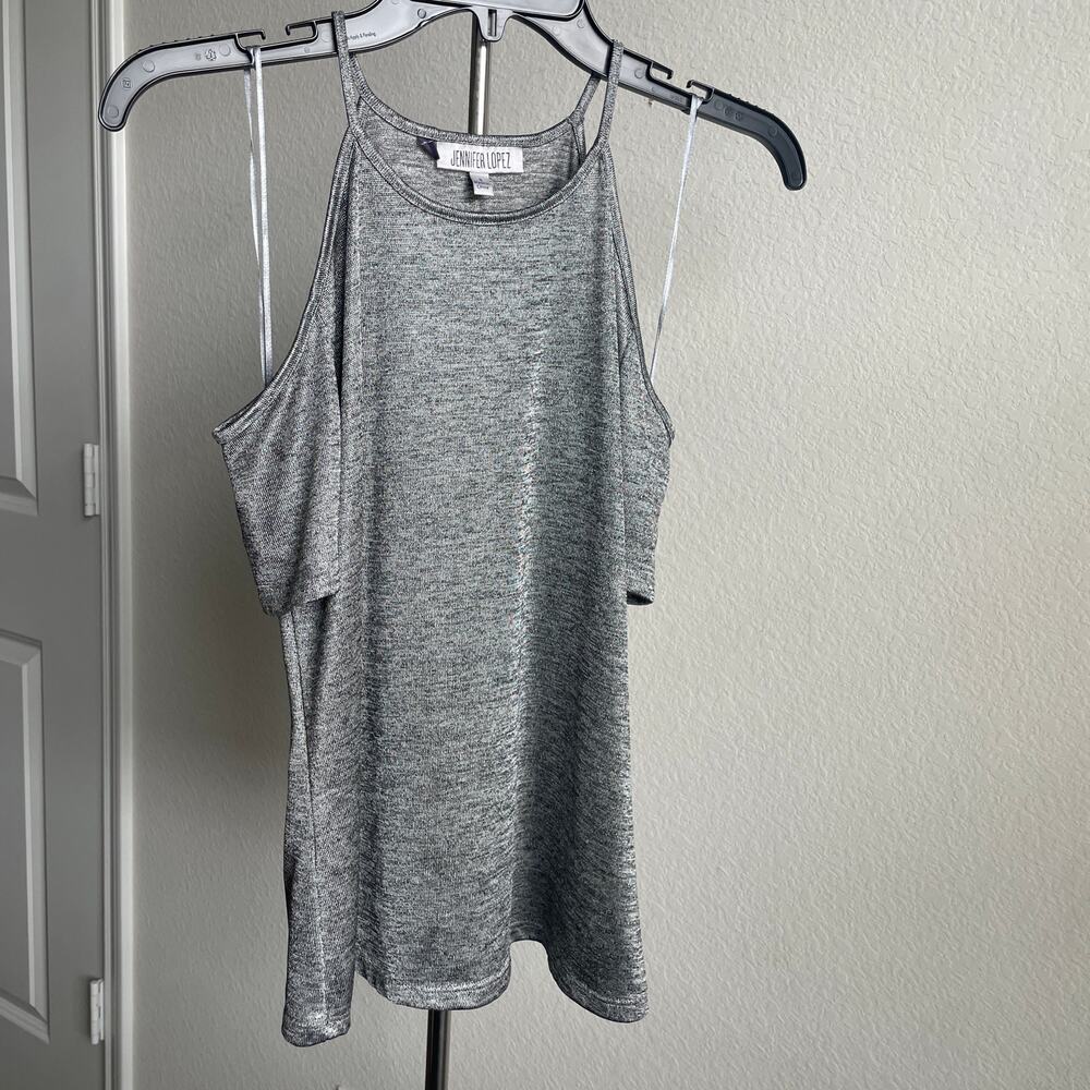 Jennifer Lopez Gray Sheen Shiny Cold Shoulder Silver Blouse Womens Evening Party